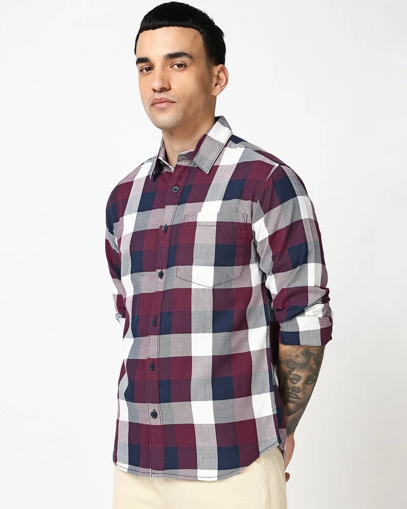 بيواكوف Men's Maroon & White Checked Shirts